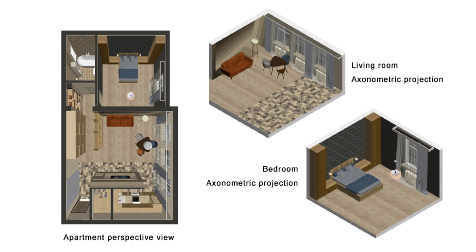 Apartment perspective view and rooms axonomettric projections